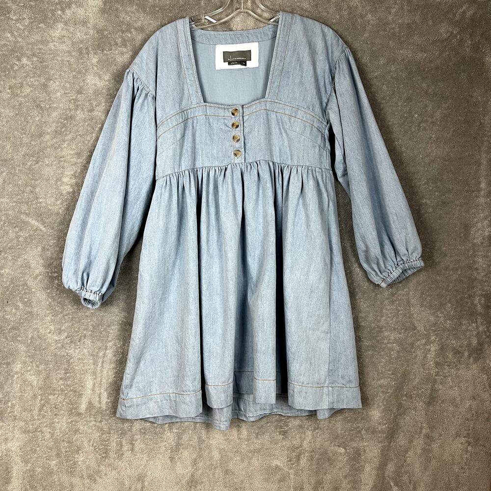 Anthropologie Denim Babydoll Mini Dress Womens XS Square‎ Neck Cottagecore Boho